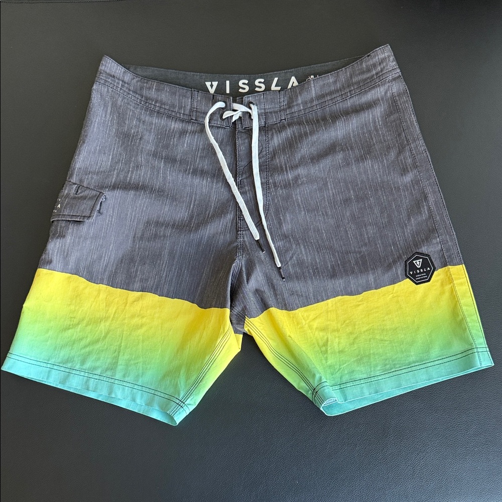 VISSLA Men's Size 32 Board Shorts - Gray, Yellow, Green and Teal